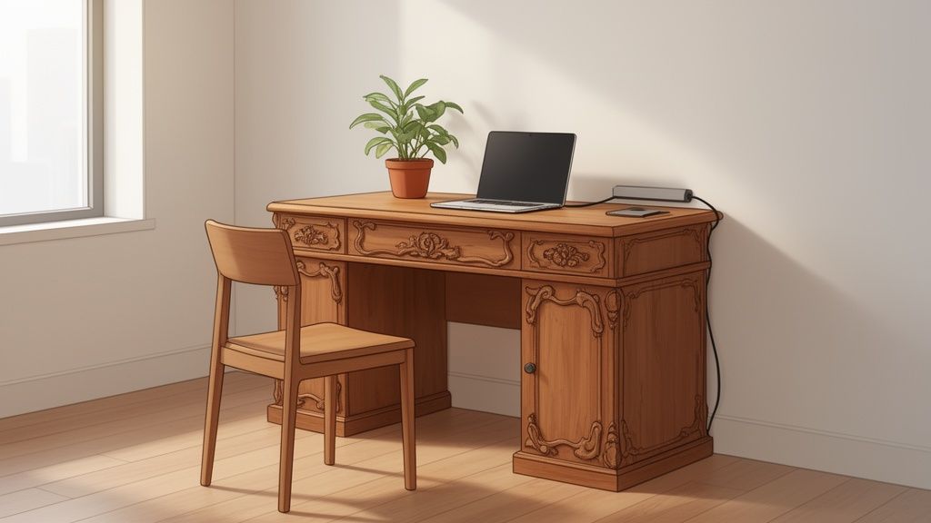 A classic wooden desk with a laptop, potted plant, and a chair in a sunlit room.