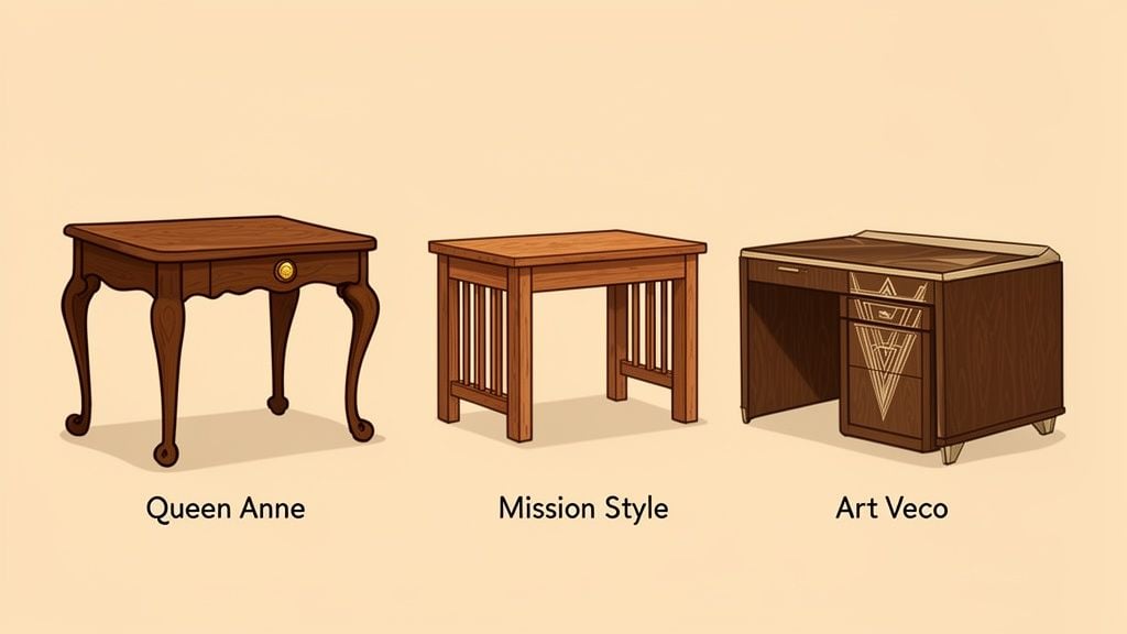 Three distinct antique desk styles: Queen Anne, Mission Style, and Art Deco, displayed side-by-side.
