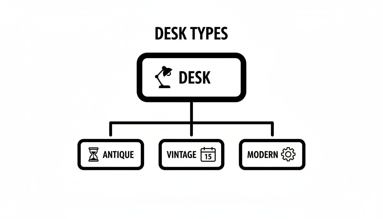 A clear flowchart outlining desk types, categorizing them into antique, vintage, and modern styles.