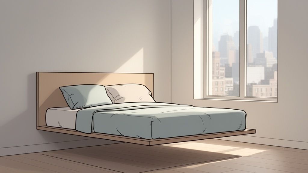 A modern bedroom with a floating bed, light blue bedding, and a large window overlooking a city.