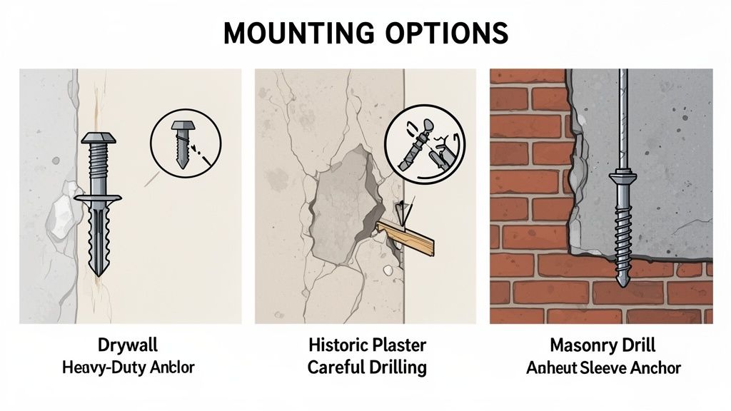 Three illustrations demonstrate different wall mounting options: a heavy-duty anchor for drywall, careful drilling for historic plaster, and a sleeve anchor for masonry.