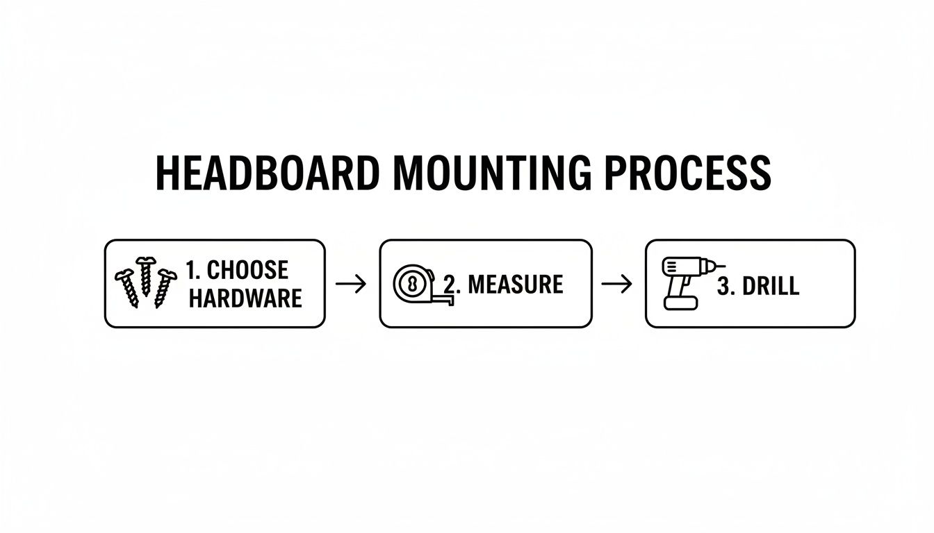 A step-by-step diagram outlining the headboard mounting process: choose hardware, measure, and drill.
