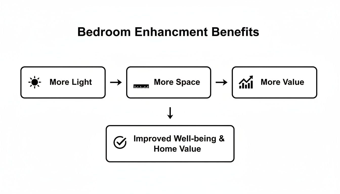 Flowchart showing bedroom enhancement benefits: more light, space, and value leading to improved well-being and home value.