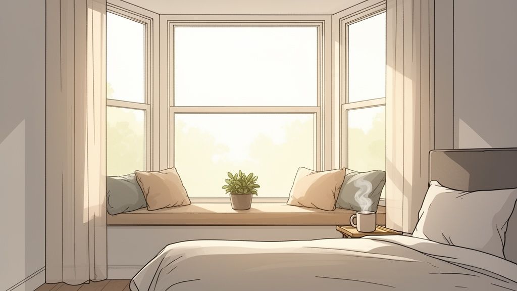 A bright bedroom with a bay window seat, pillows, and a plant, alongside a cozy bed.