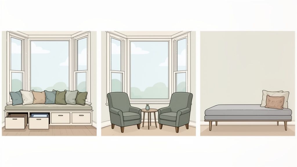 Three illustrated scenes showcasing various furniture arrangements for a bay window space.