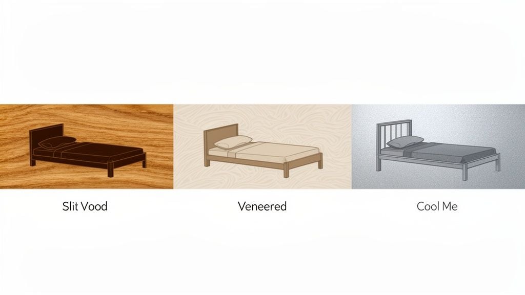 Three single bed designs are shown side-by-side: a dark wood bed, a light veneered bed, and a gray metal bed.