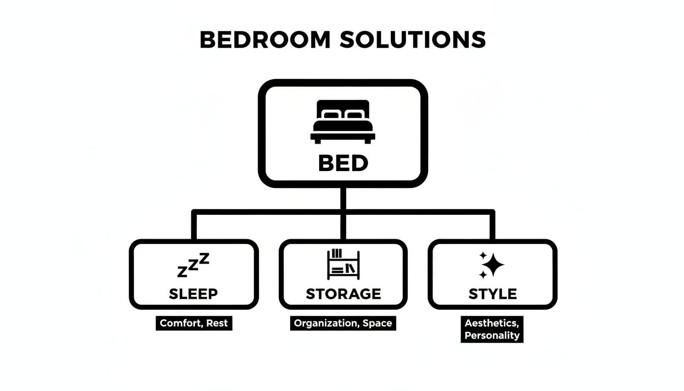 An organizational chart for bedroom solutions, detailing aspects of a bed including sleep, storage, and style.