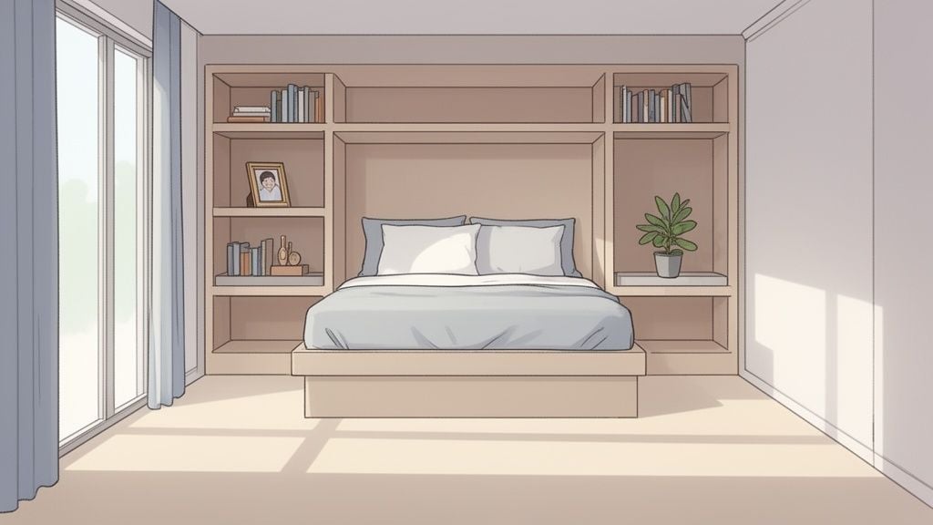 A minimalist bedroom featuring a bed integrated into a wall unit with open wooden shelves, books, and decor.