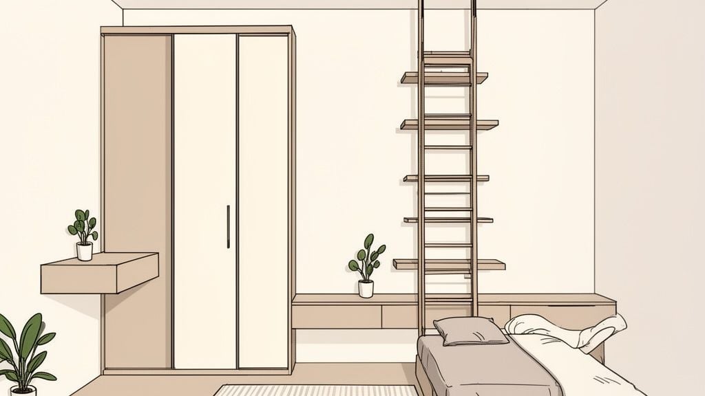 A minimalist bedroom featuring a wardrobe, floating shelf, bed, and wall-mounted ladder-style shelving.