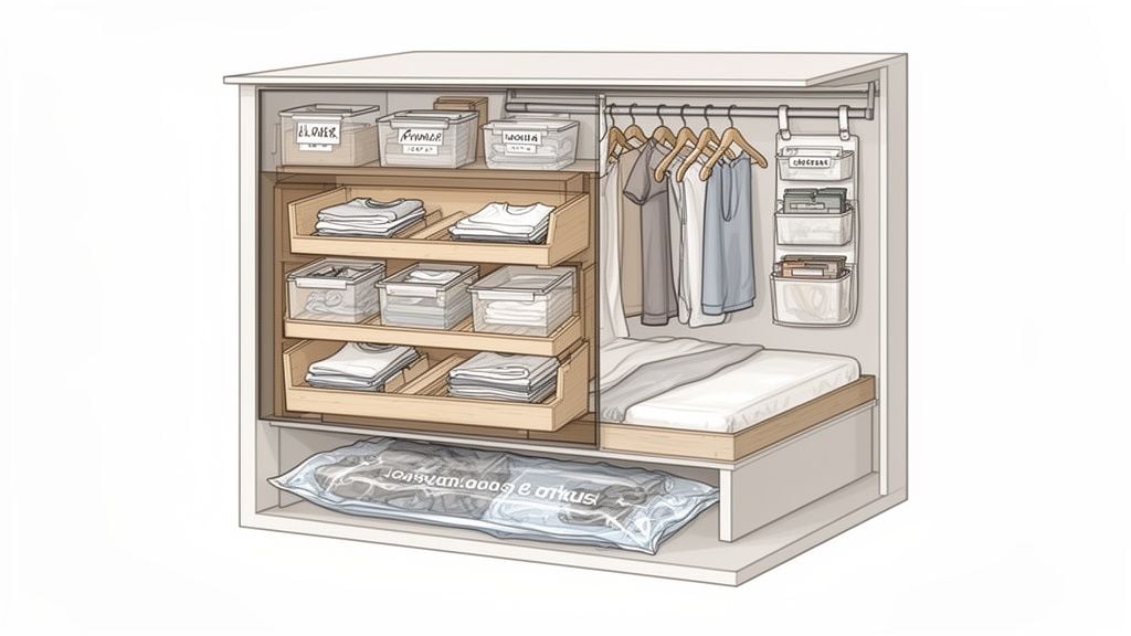 A compact bedroom storage unit featuring a pull-out bed, hanging clothes, shelves with folded garments, and various organizing solutions.