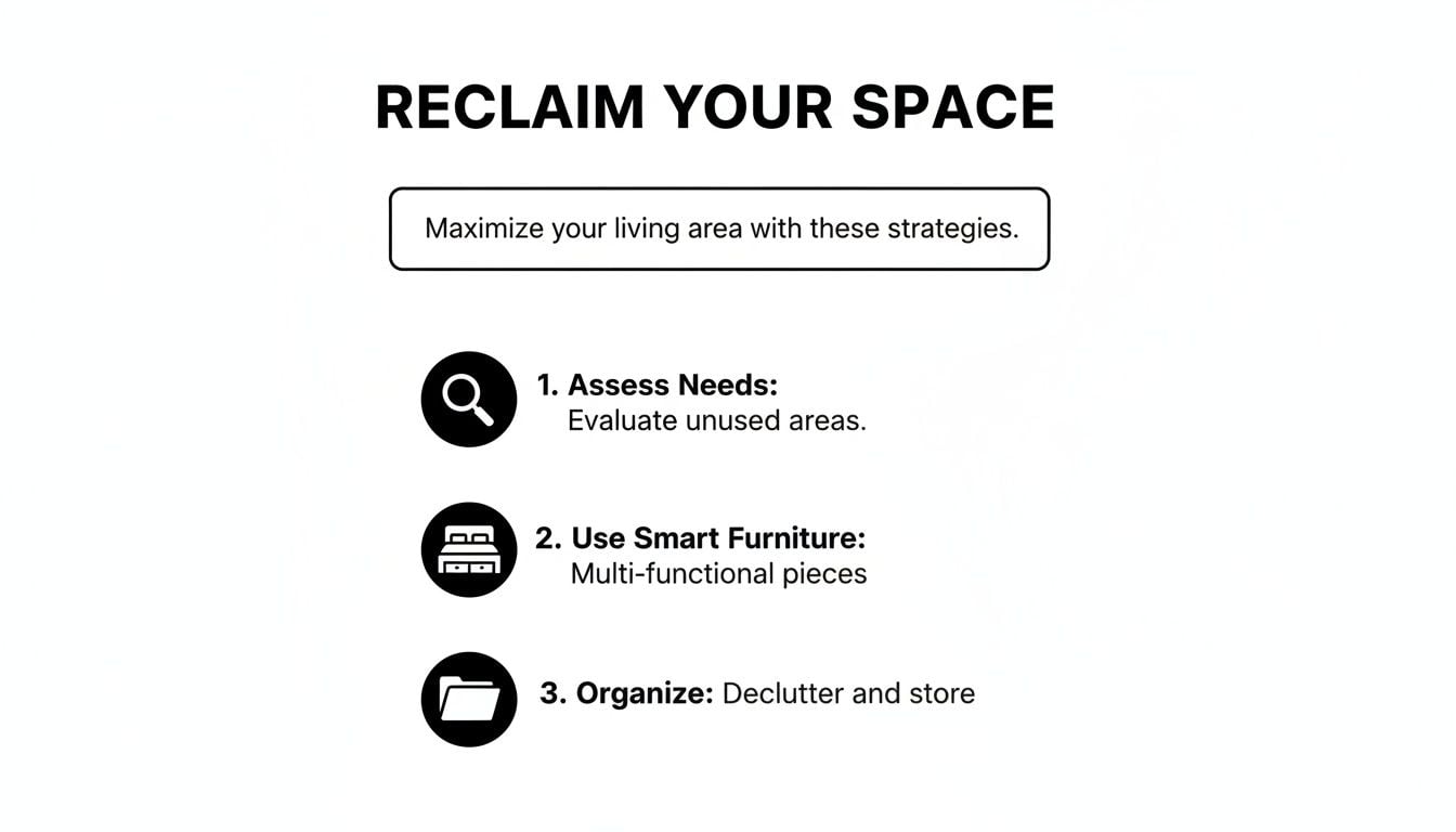 A graphic outlines three strategies to reclaim and maximize living space: assess, use smart furniture, and organize.