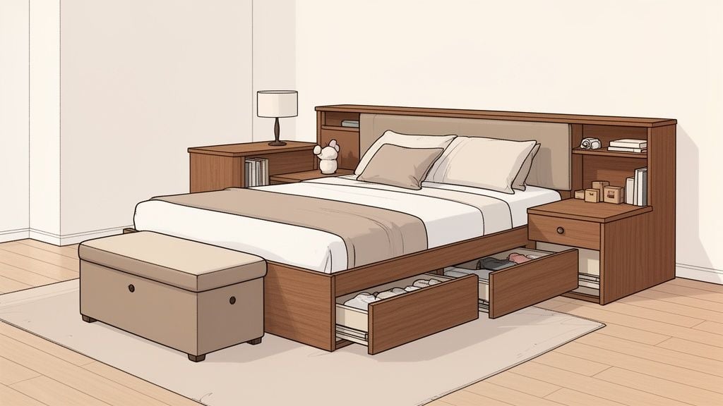 A modern bedroom features a bed with integrated storage, including headboard shelves, under-bed drawers, and a storage bench.