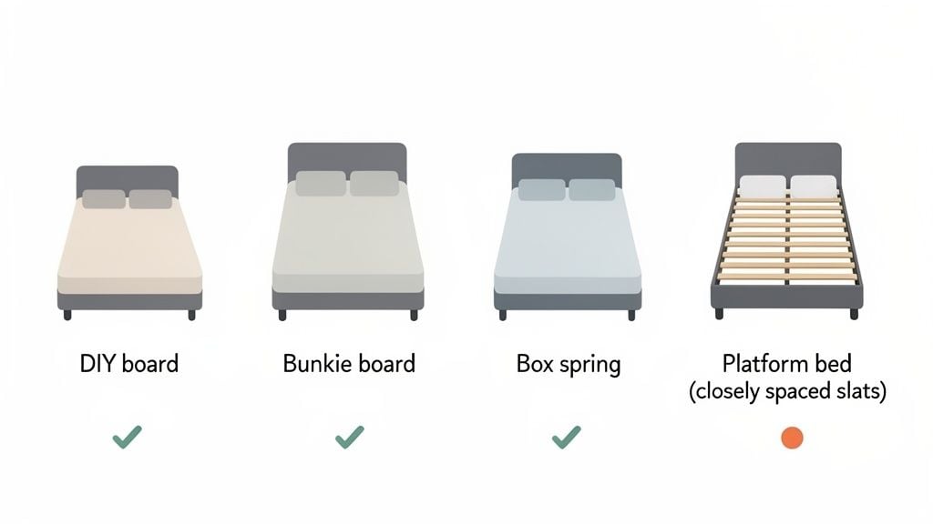 Illustration of four bed bases: DIY board, bunkie board, box spring (all compatible) and a platform bed with slats (not compatible).