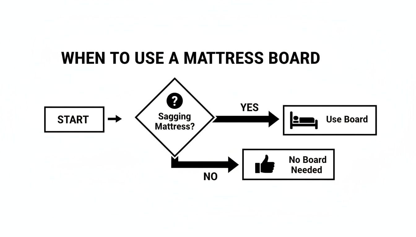 A flowchart titled 'When to Use a Mattress Board' guides the user to check for a sagging mattress.