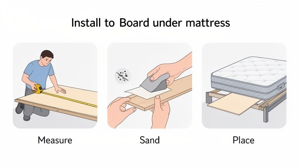 Illustrations showing three steps to install a board under a mattress: measure, sand, and place.