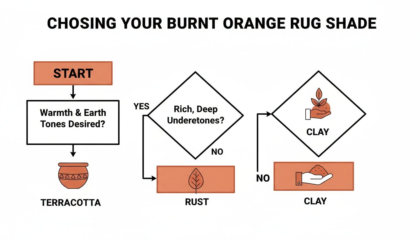 Flowchart helping choose a burnt orange rug shade among Terracotta, Rust, and Clay.