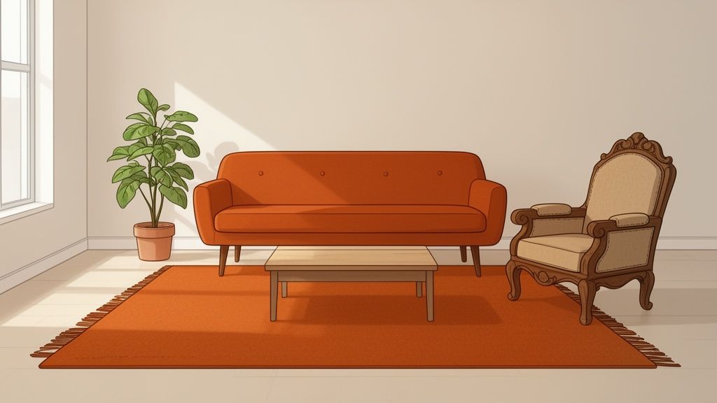 A minimalist living room with a burnt orange sofa, ornate armchair, wooden coffee table, and large rug.