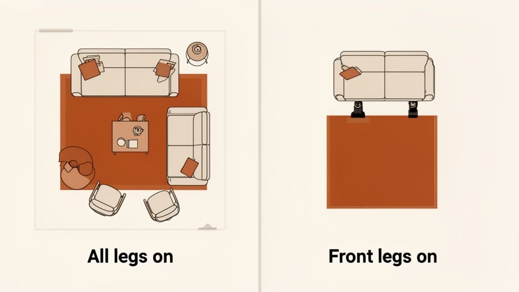 Overhead illustration comparing two ways to place furniture on burnt orange area rugs: all legs on vs. front legs on.