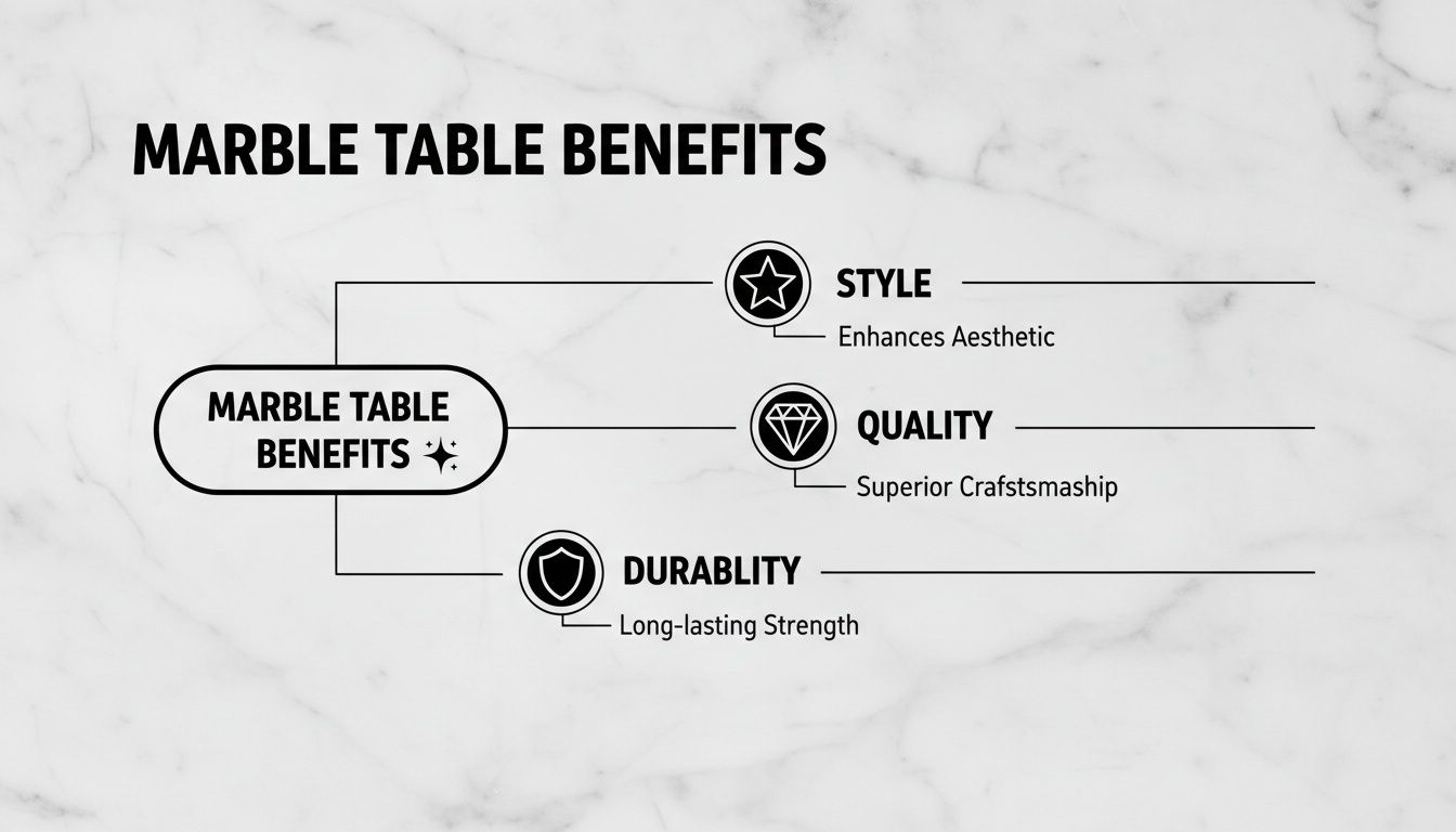 An infographic detailing marble table benefits, including style, quality, and durability with explanations.