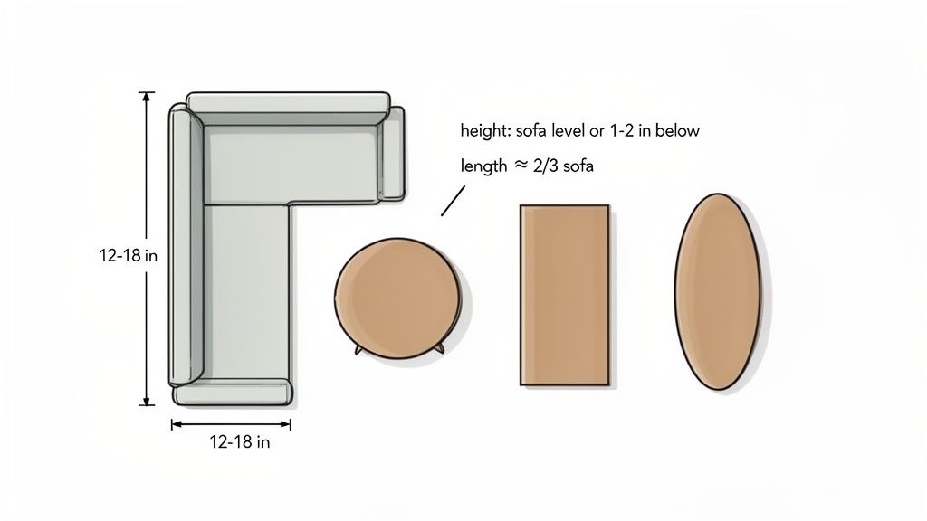 Top-down diagram showing an L-shaped sofa with various coffee table shapes and recommended size guidelines.