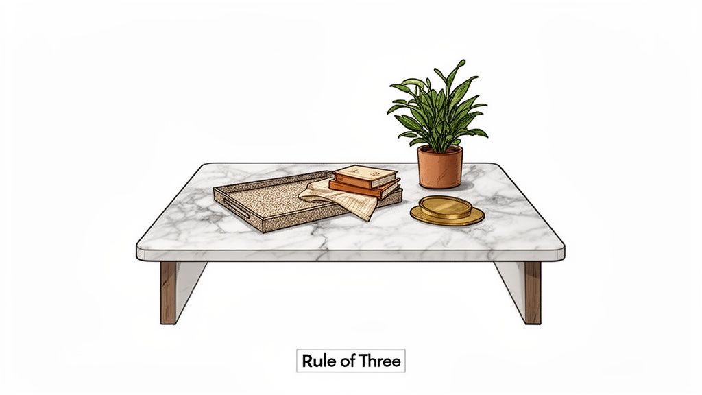 A stylish marble coffee table styled with a tray, books, a potted plant, and golden coasters.