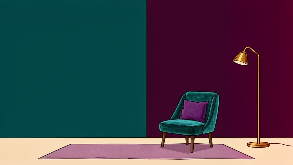 A stylish room with a teal chair, purple rug, and gold lamp against dark teal and purple walls.