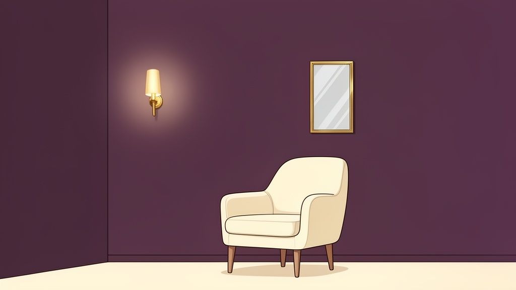 A living room in Albany, NY featuring a dark purple accent wall with a cream armchair and soft gold sconce.