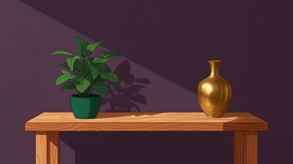 A vibrant green potted plant and a shiny golden vase sit on a wooden table against a dark purple wall, illuminated by sunlight.