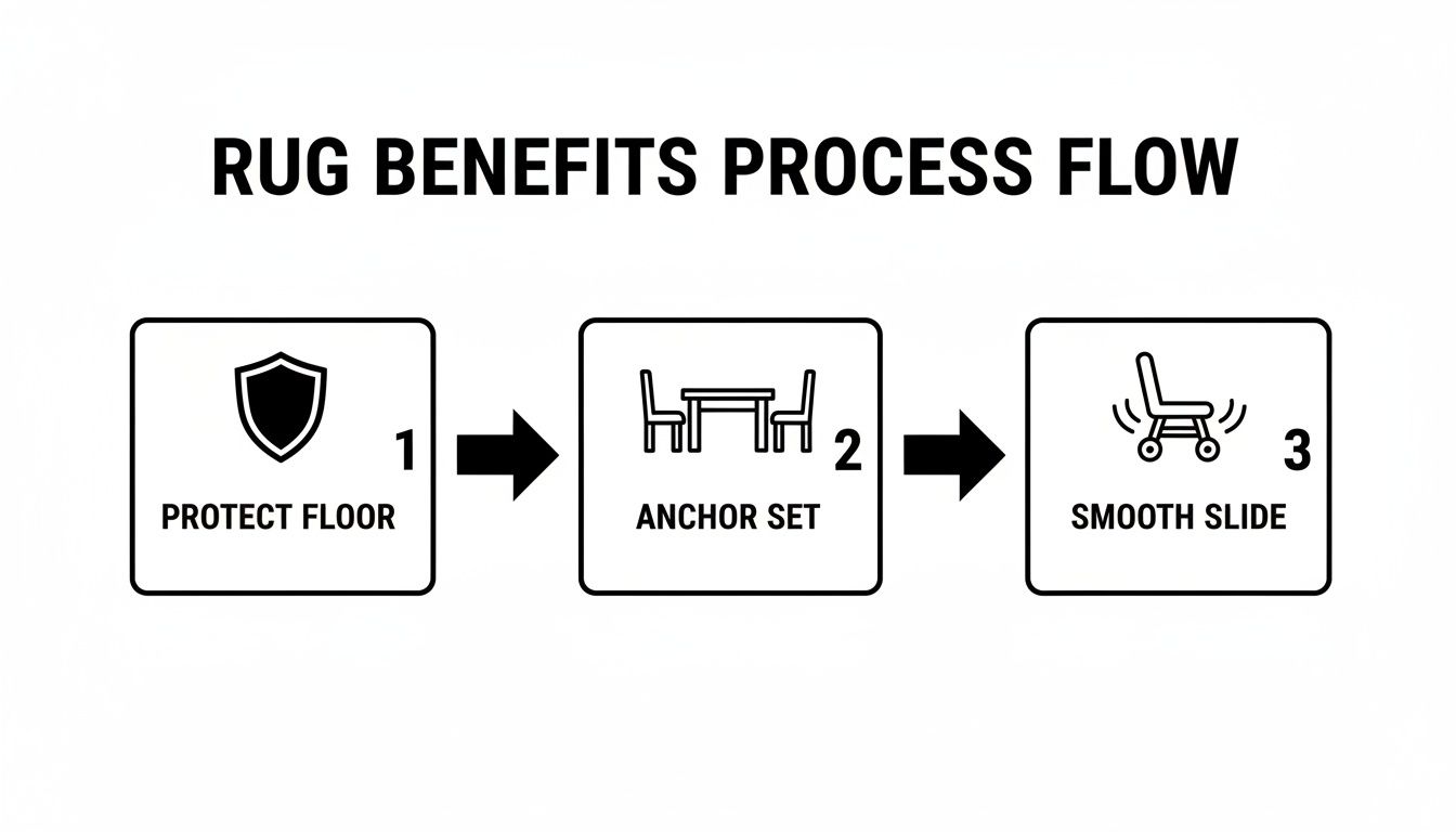 A diagram illustrating three key rug benefits: protecting floors, anchoring furniture, and enabling smooth chair movement.