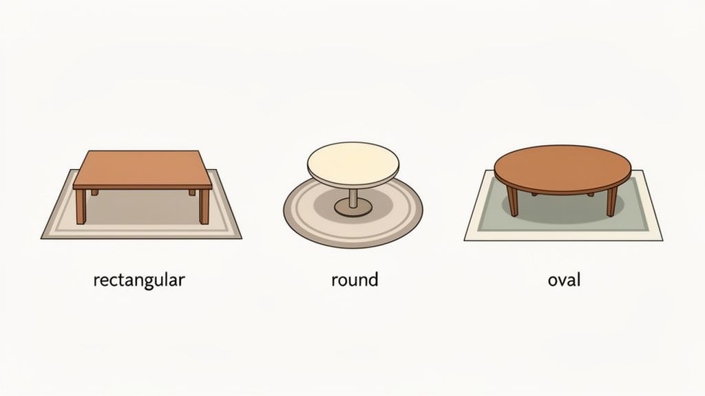 Three illustrations of tables with rugs: a rectangular brown table on a rectangular rug, a round cream table on a round rug, and an oval brown table on an oval rug.