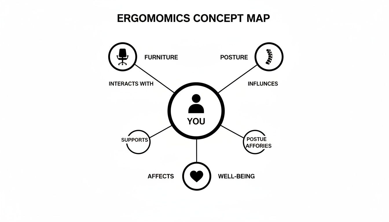 Ergonomics concept map showing how furniture, posture, accessories, and well-being relate to an individual.
