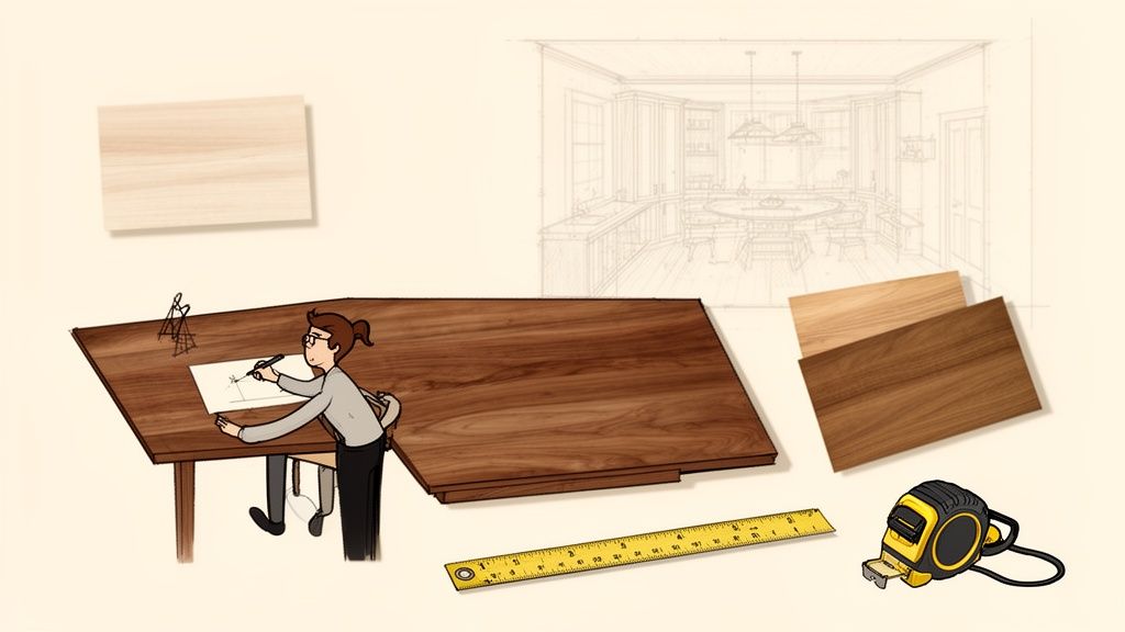 A designer sketches on a large wooden desk surrounded by wood samples, a ruler, and a tape measure, with a faint architectural drawing in the background.
