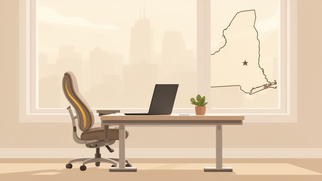 Ergonomic office chair and laptop on a desk by a window with a city view and New York State map.