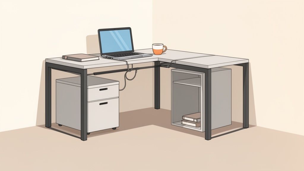 An L-shaped corner desk in a minimalist home office featuring a laptop, mug, book, and under-desk storage solutions.