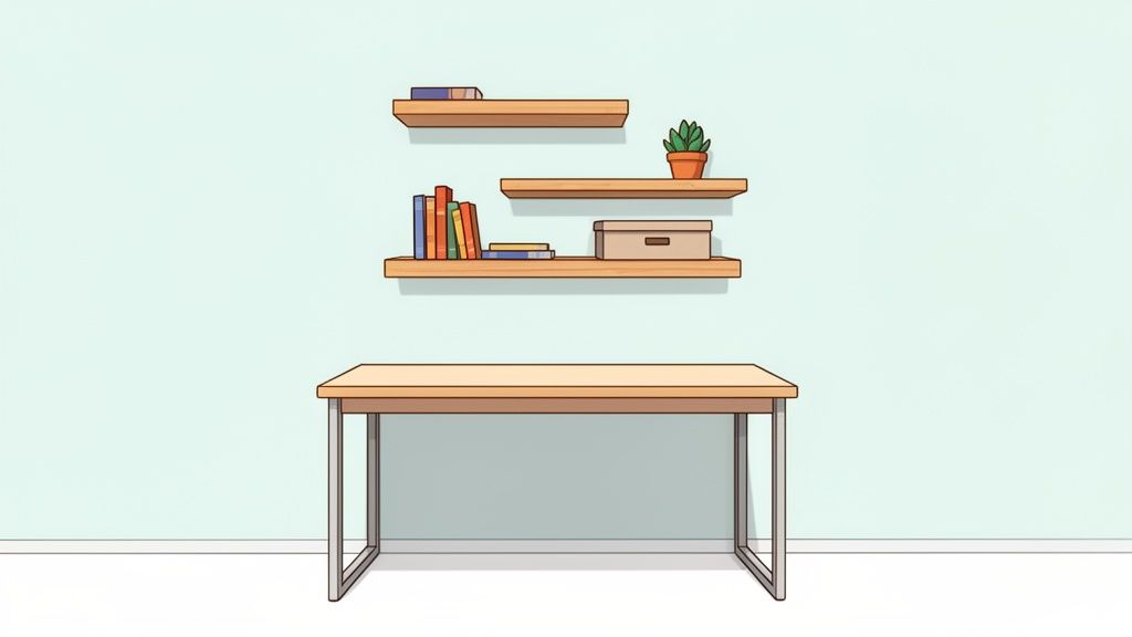 A minimalist home office setup with a wooden desk, three floating shelves, books, a plant, and a storage box.
