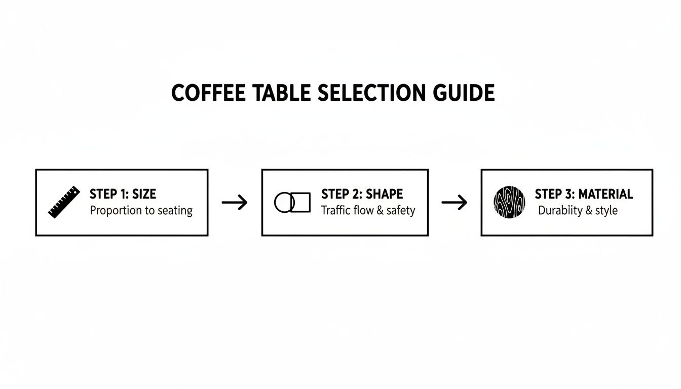 A coffee table selection guide flowchart with steps for size, shape, and material choice.