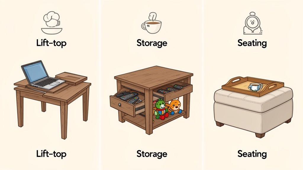 Illustration showing three coffee table types: lift-top, storage, and seating ottoman, highlighting their functions.