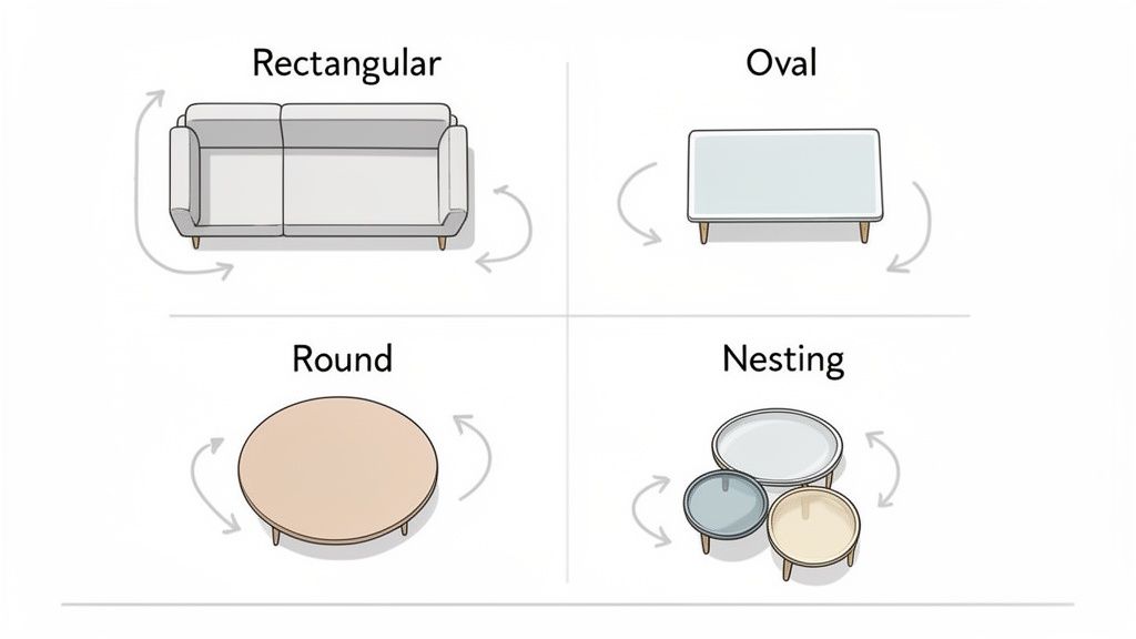 Illustration showing four common coffee table shapes: rectangular sofa, oval, round, and nesting tables.