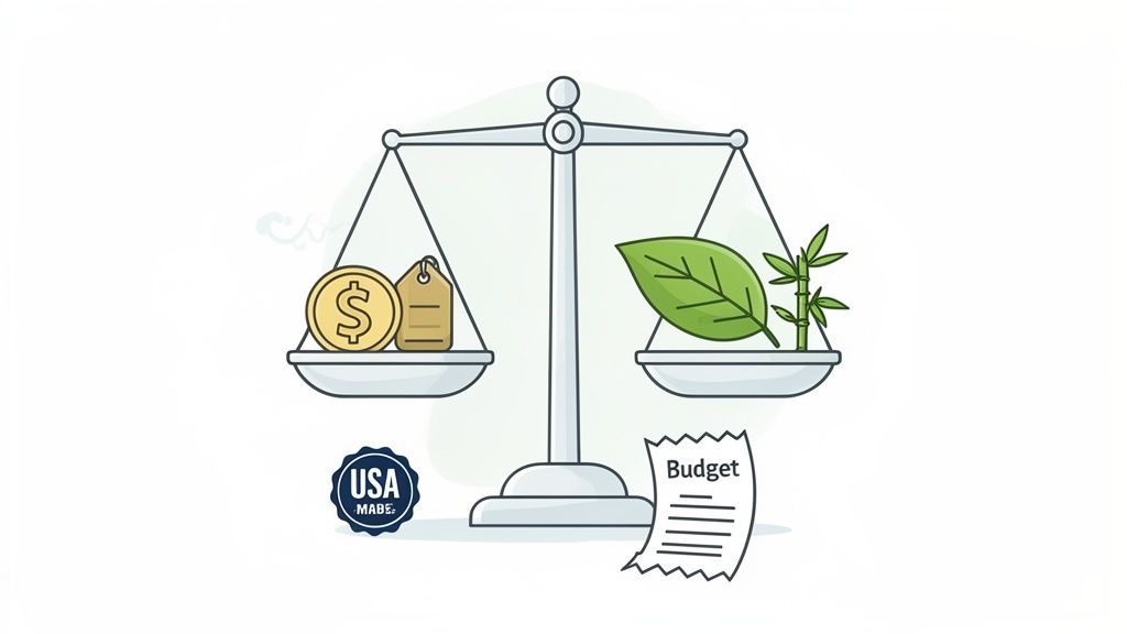 A balanced scale comparing financial cost (dollar coin, price tag, budget) with environmental sustainability (leaf, bamboo) and USA Made label.