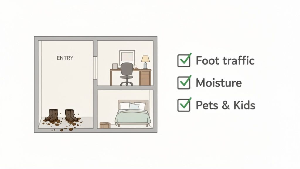Illustration of a house floor plan with entry, office, and bedroom, plus a checklist for foot traffic, moisture, and pets & kids.