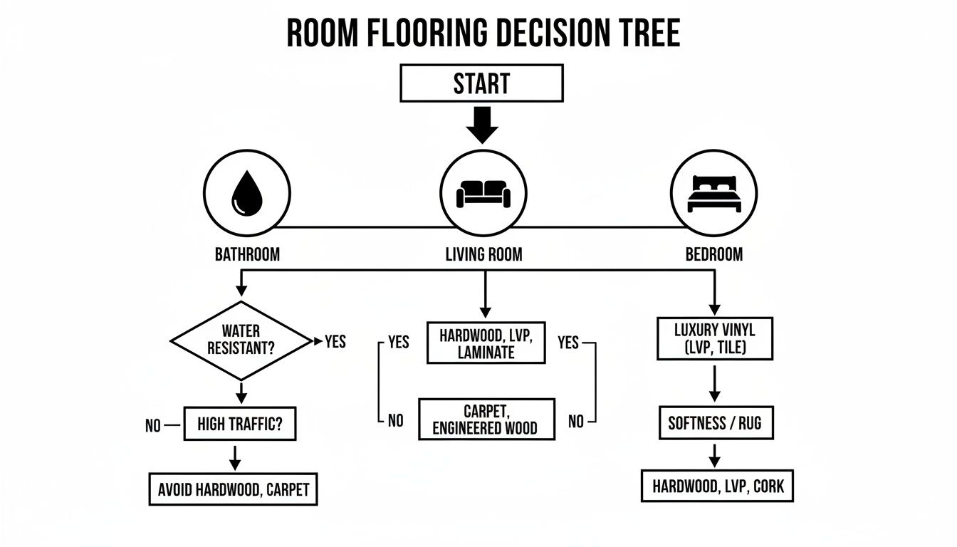 A room flooring decision tree diagram guiding choices for bathroom, living room, and bedroom floors.