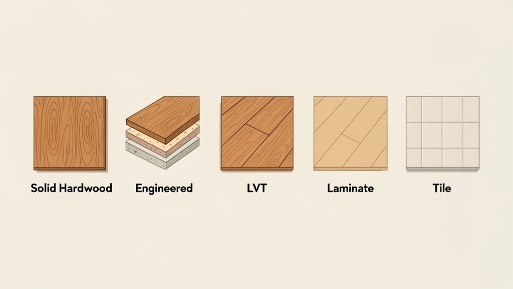 Illustration of five different flooring types: solid hardwood, engineered, LVT, laminate, and tile.