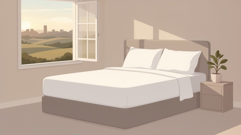 A sunlit, minimalist bedroom featuring a neatly made bed, a window with a city view, and a potted plant.