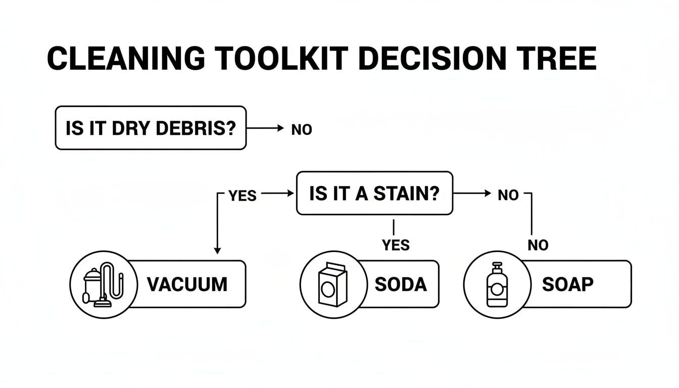 A cleaning toolkit decision tree flowchart guides on using vacuum, soda, or soap for different messes.