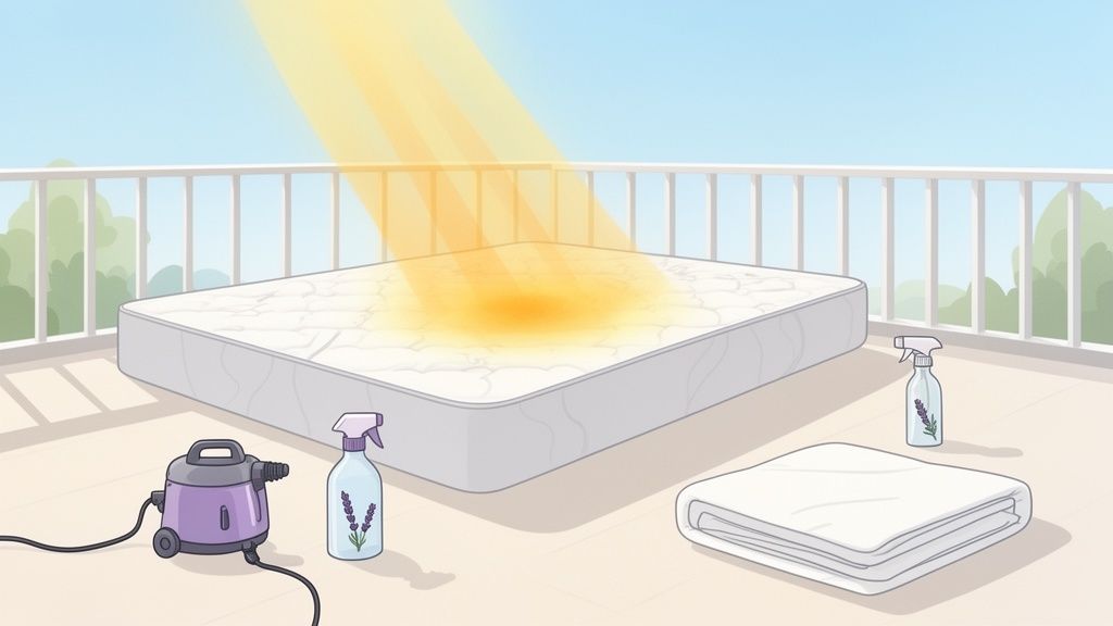 A mattress being sun-dried outdoors on a balcony, with a vacuum cleaner and lavender spray bottles nearby.