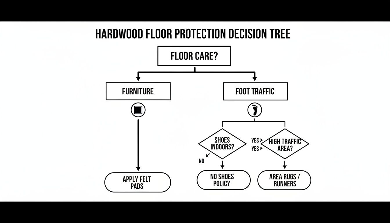 A decision tree diagram illustrating hardwood floor protection methods against furniture and foot traffic damage.