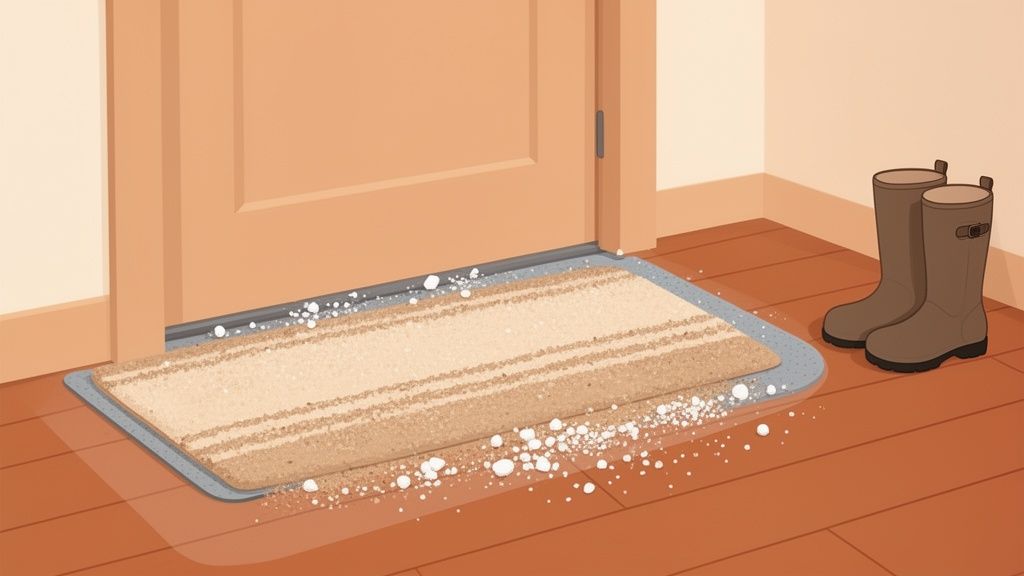A doormat with white dirt or salt spilled on a wooden floor, next to a pair of brown boots.