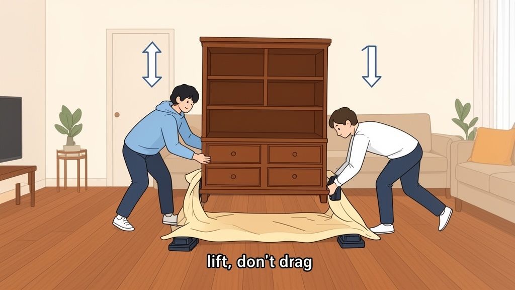 Two people moving a large wooden cabinet on sliders over hardwood floors, protecting the floor.