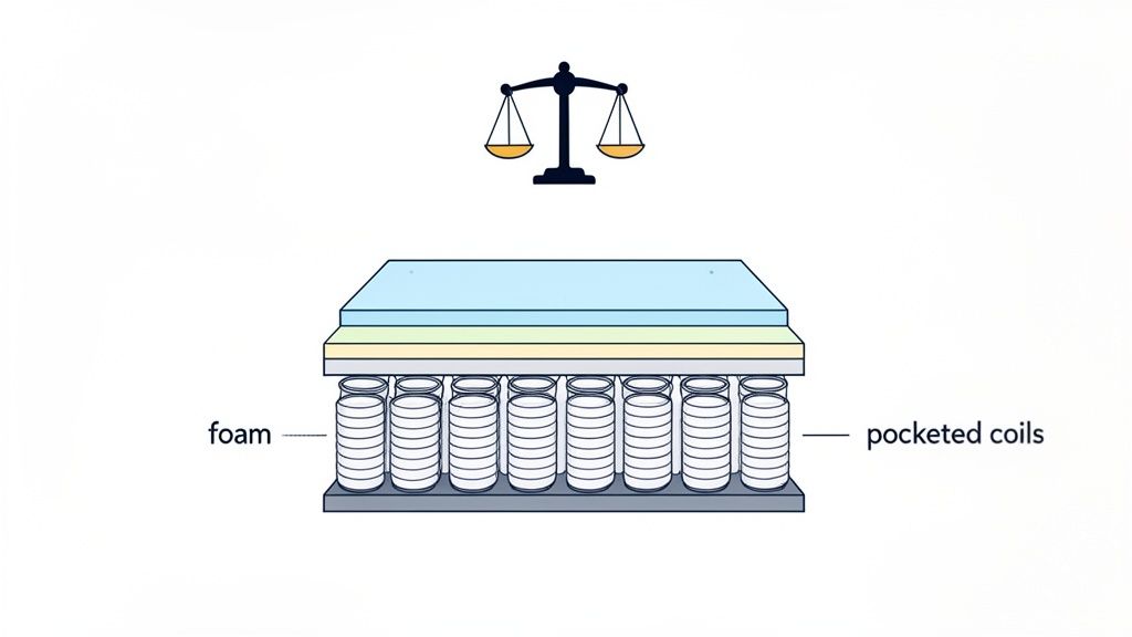 Cross-section of a mattress showing foam layers above pocketed coils, with a balance scale.