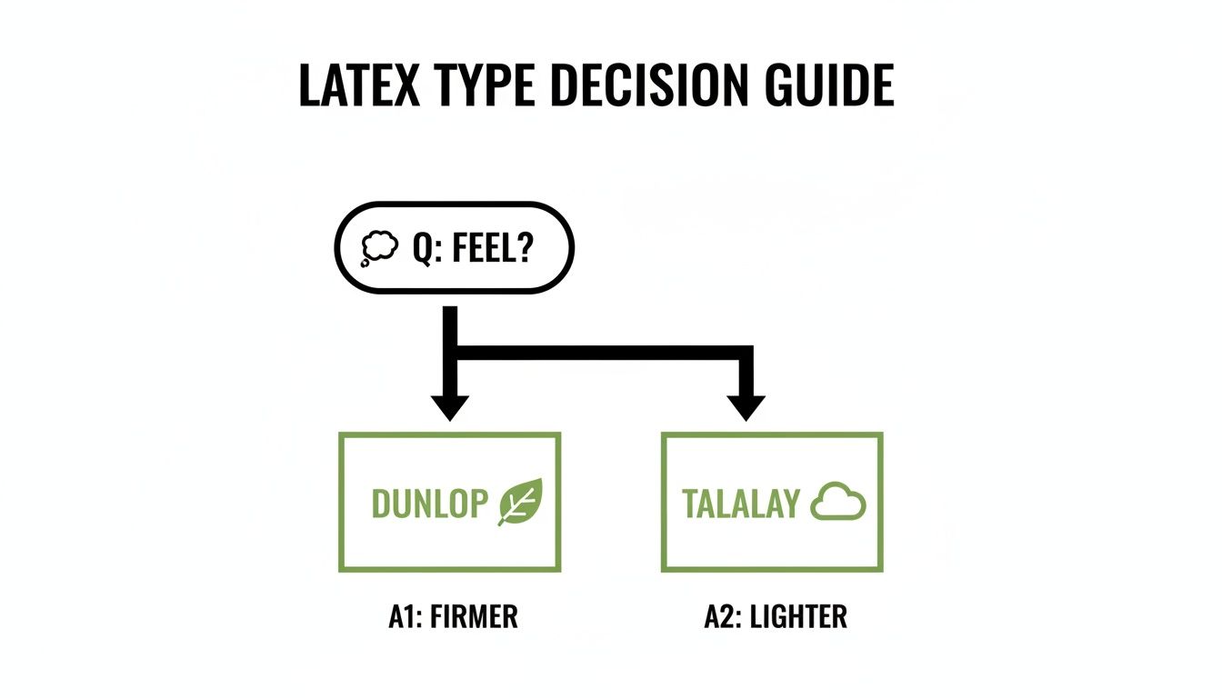 A latex type decision guide flowchart asking about feel, leading to Dunlop for firmer and Talalay for lighter.